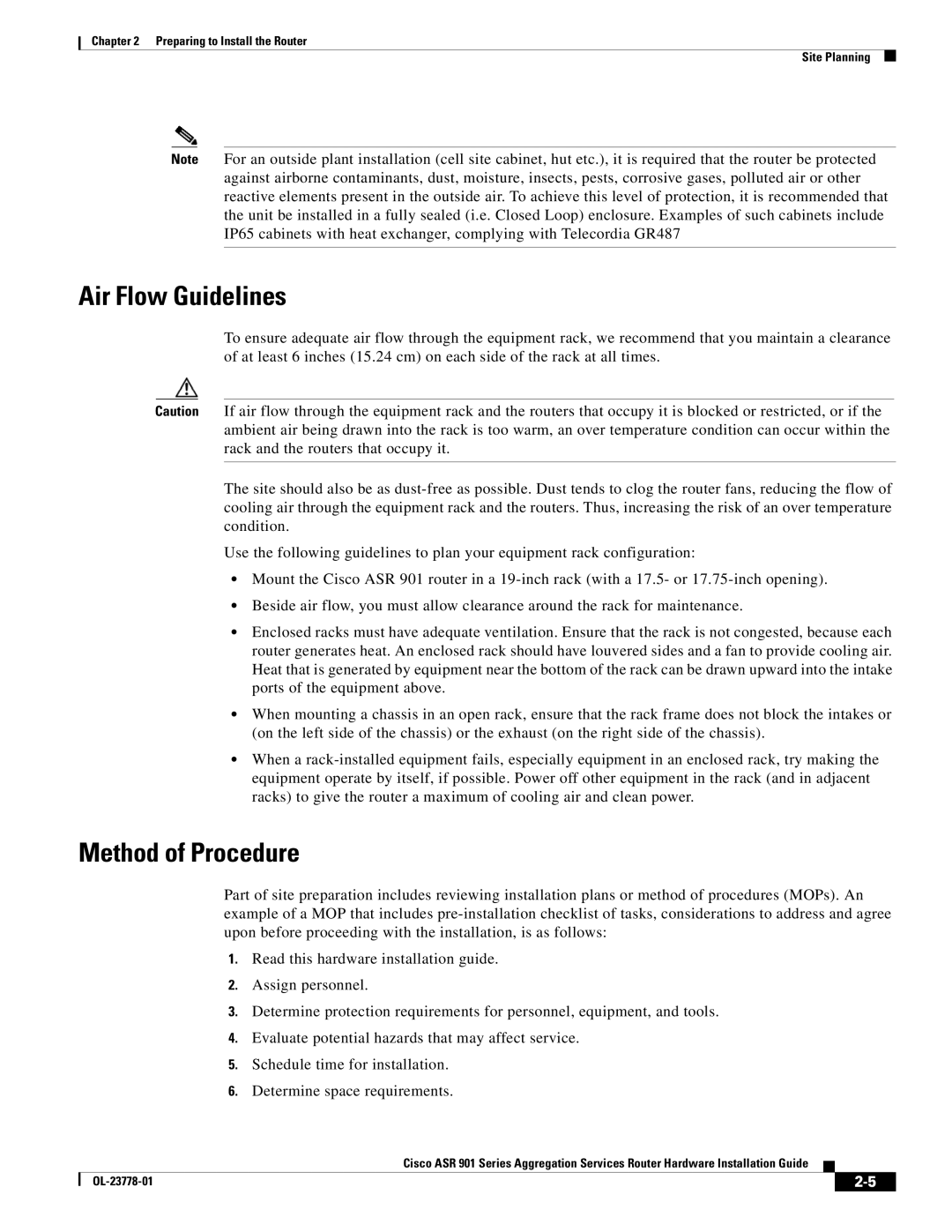 Cisco Systems ASR 901 manual Air Flow Guidelines, Method of Procedure 