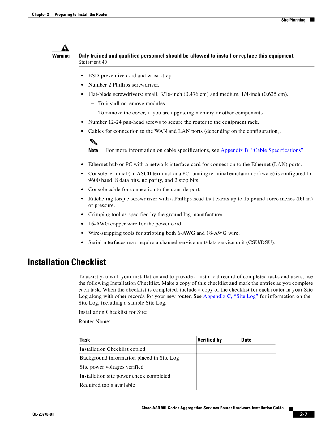 Cisco Systems ASR 901 manual Installation Checklist, Task Verified by 