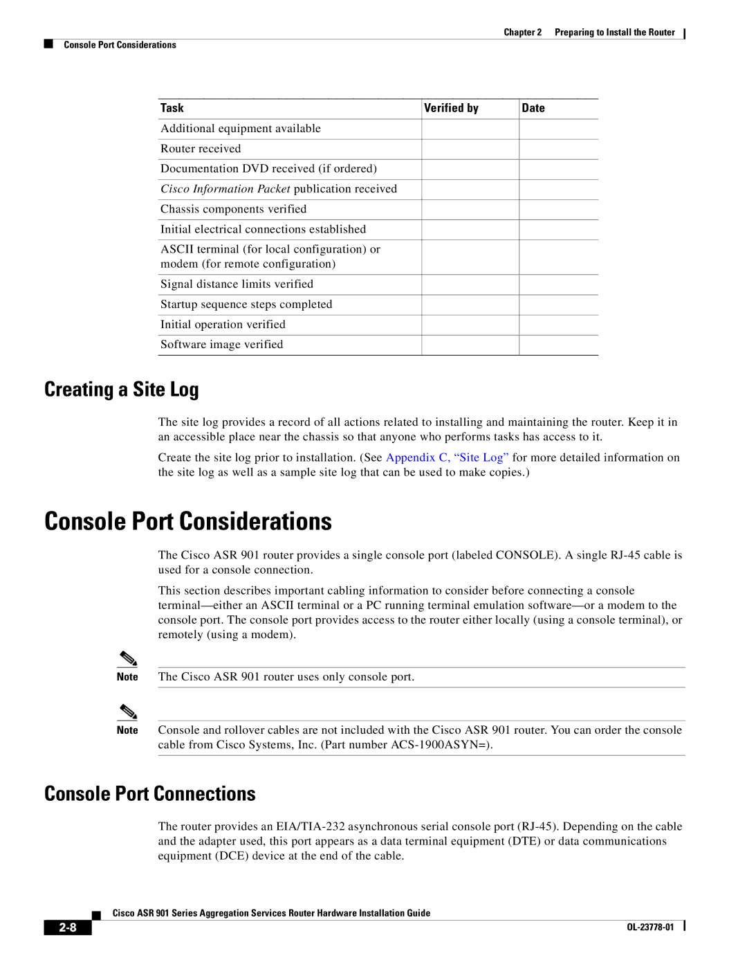 Cisco Systems ASR 901 Console Port Considerations, Creating a Site Log, Console Port Connections, Task Verified by Date 