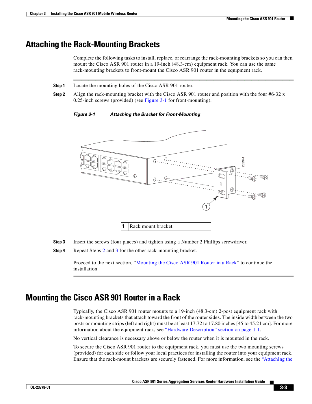 Cisco Systems manual Attaching the Rack-Mounting Brackets, Mounting the Cisco ASR 901 Router in a Rack 