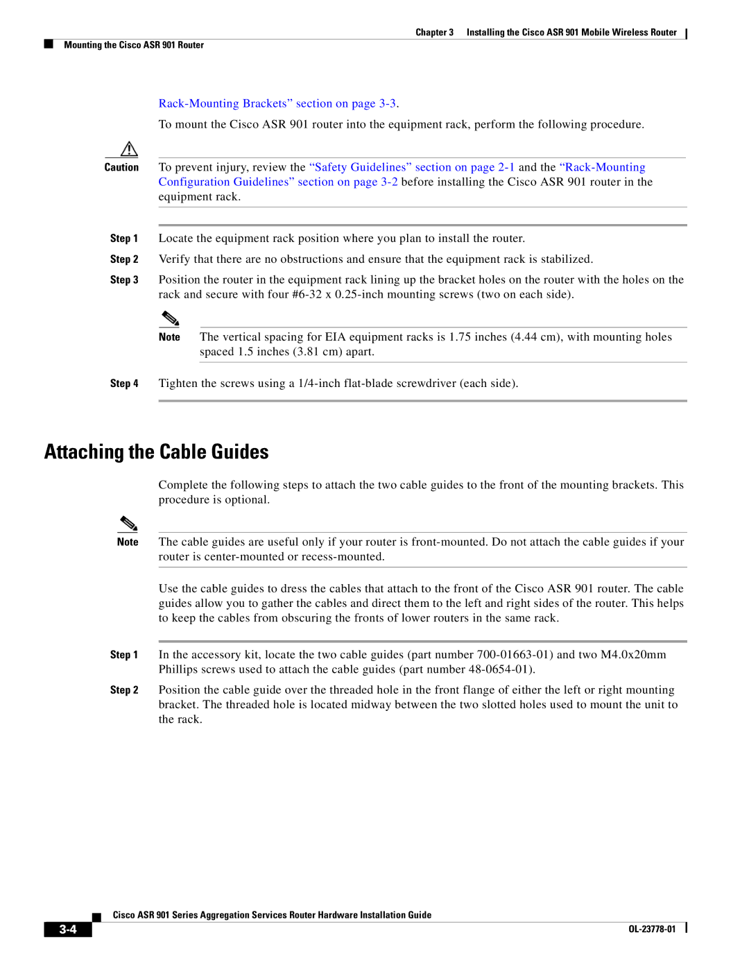 Cisco Systems ASR 901 manual Attaching the Cable Guides, Rack-Mounting Brackets section on 