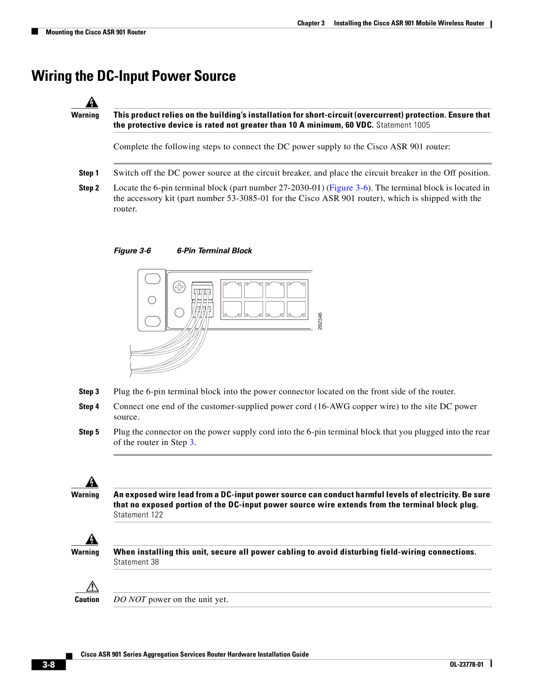 Cisco Systems ASR 901 manual Wiring the DC-Input Power Source, Pin Terminal Block 