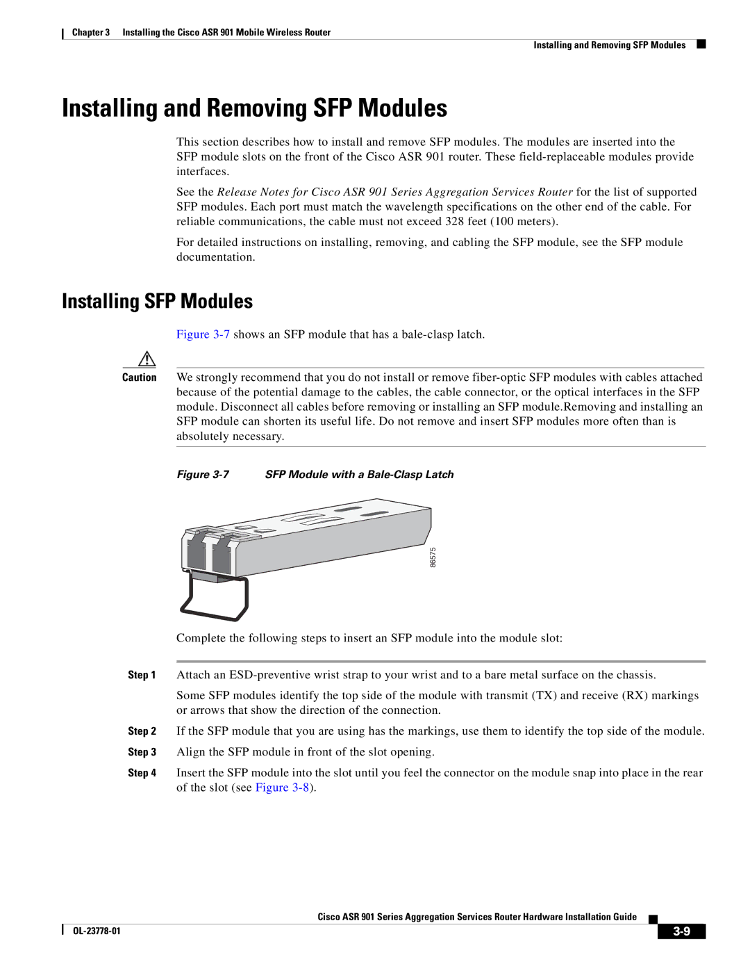 Cisco Systems ASR 901 manual Installing and Removing SFP Modules, Installing SFP Modules 