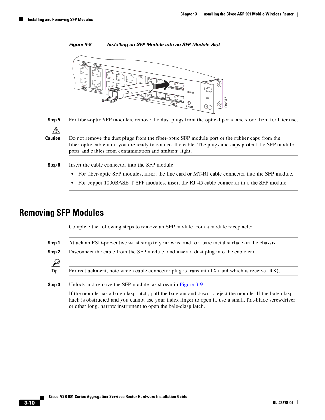 Cisco Systems ASR 901 manual Removing SFP Modules, Installing an SFP Module into an SFP Module Slot 