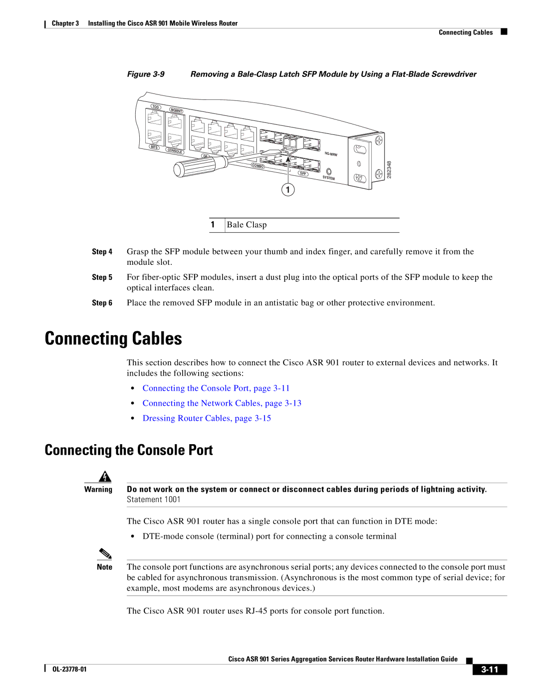 Cisco Systems ASR 901 manual Connecting Cables, Connecting the Console Port 