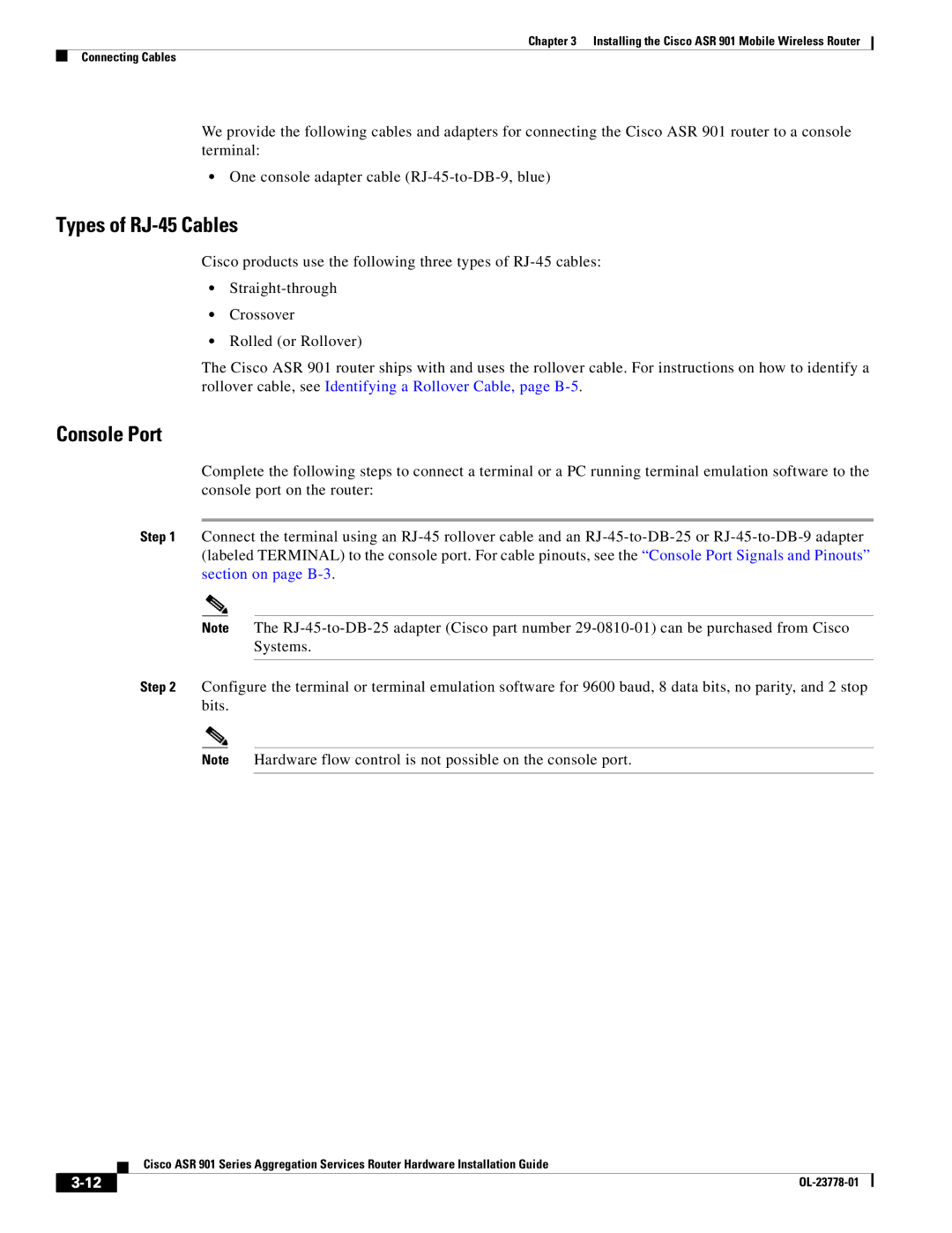 Cisco Systems ASR 901 manual Types of RJ-45 Cables, Console Port 