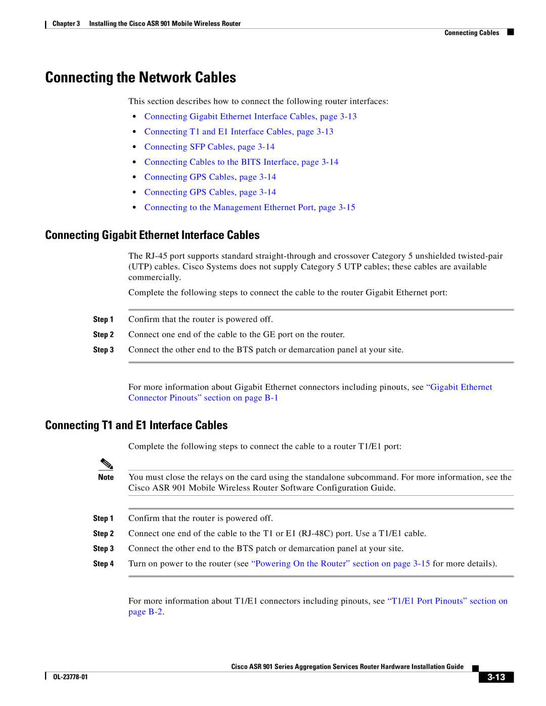 Cisco Systems ASR 901 manual Connecting the Network Cables, Connecting Gigabit Ethernet Interface Cables 