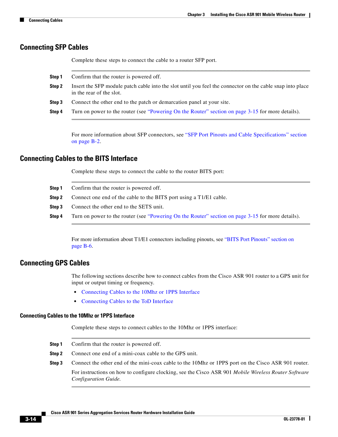 Cisco Systems ASR 901 manual Connecting SFP Cables, Connecting Cables to the Bits Interface, Connecting GPS Cables 