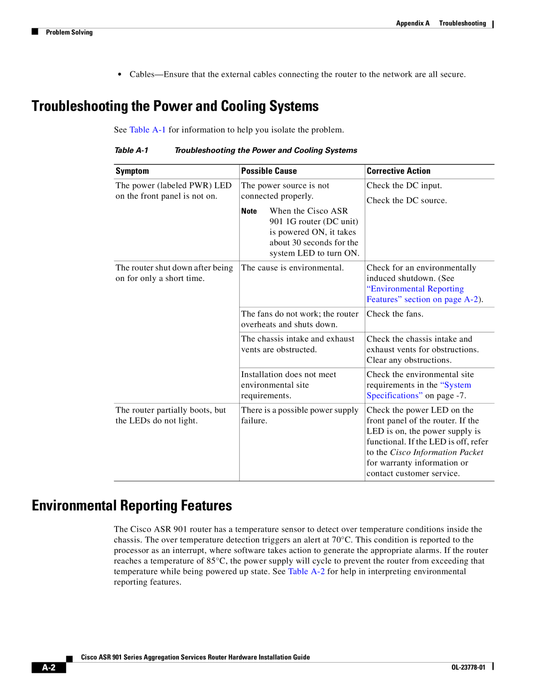 Cisco Systems ASR 901 manual Troubleshooting the Power and Cooling Systems, Environmental Reporting Features 