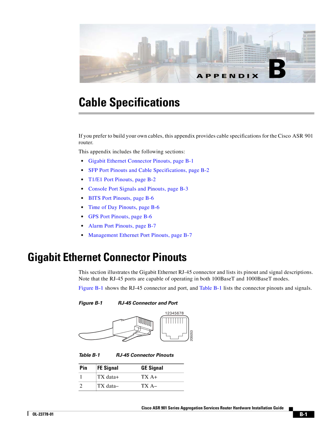 Cisco Systems ASR 901 manual Cable Specifications, Gigabit Ethernet Connector Pinouts 