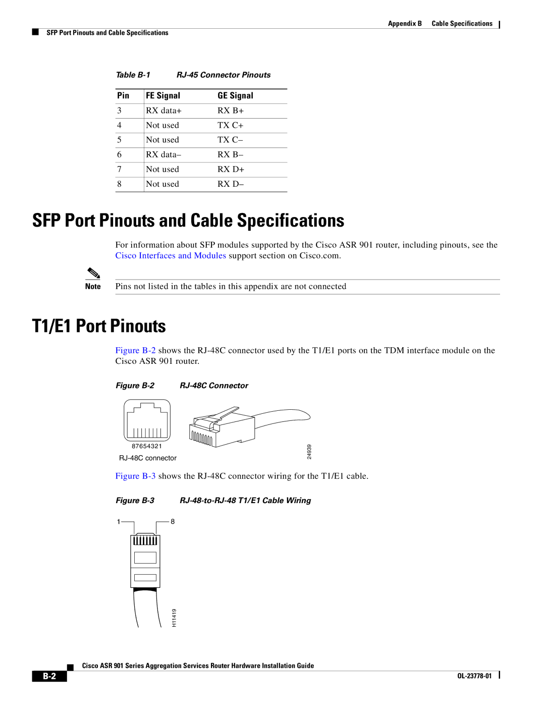 Cisco Systems ASR 901 manual SFP Port Pinouts and Cable Specifications, T1/E1 Port Pinouts, Pin FE Signal GE Signal 