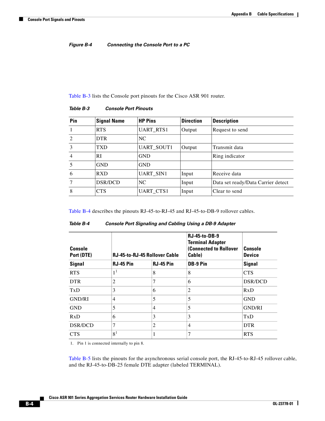 Cisco Systems ASR 901 manual Pin Signal Name HP Pins Direction Description, RJ-45-to-DB-9 Terminal Adapter Console 