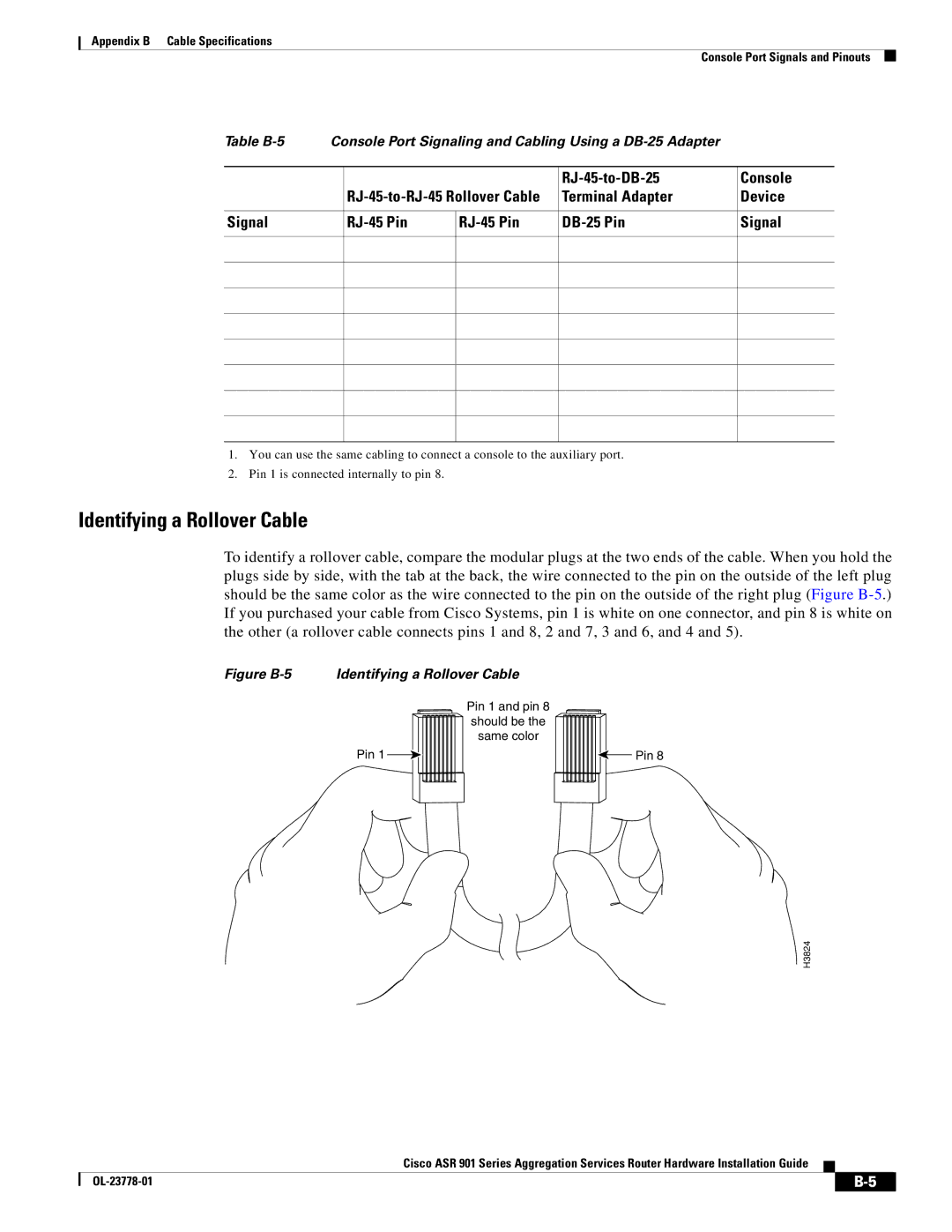 Cisco Systems ASR 901 manual Identifying a Rollover Cable, Console RJ-45-to-DB-25 Port DTE 