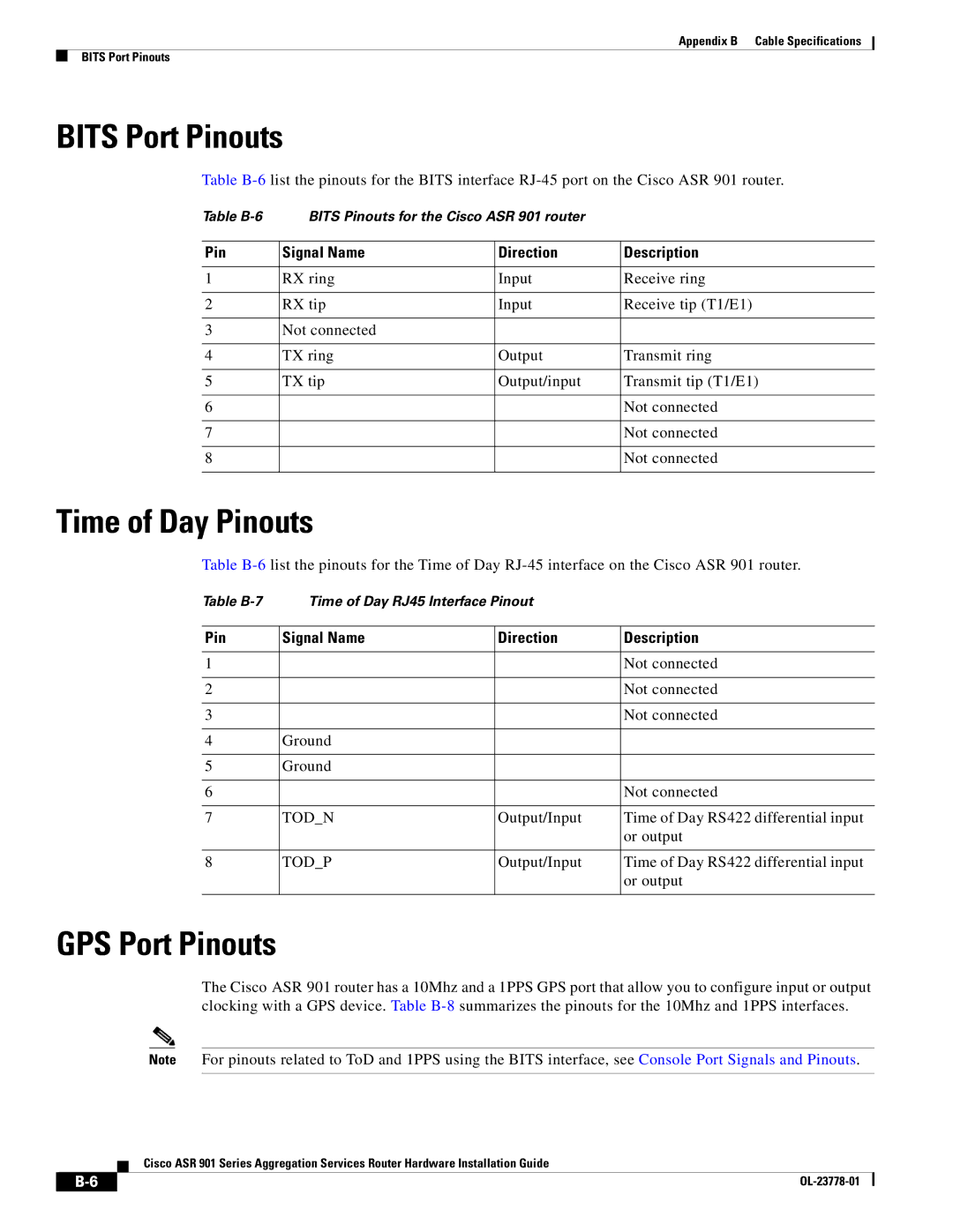 Cisco Systems ASR 901 manual Bits Port Pinouts, Time of Day Pinouts, GPS Port Pinouts 