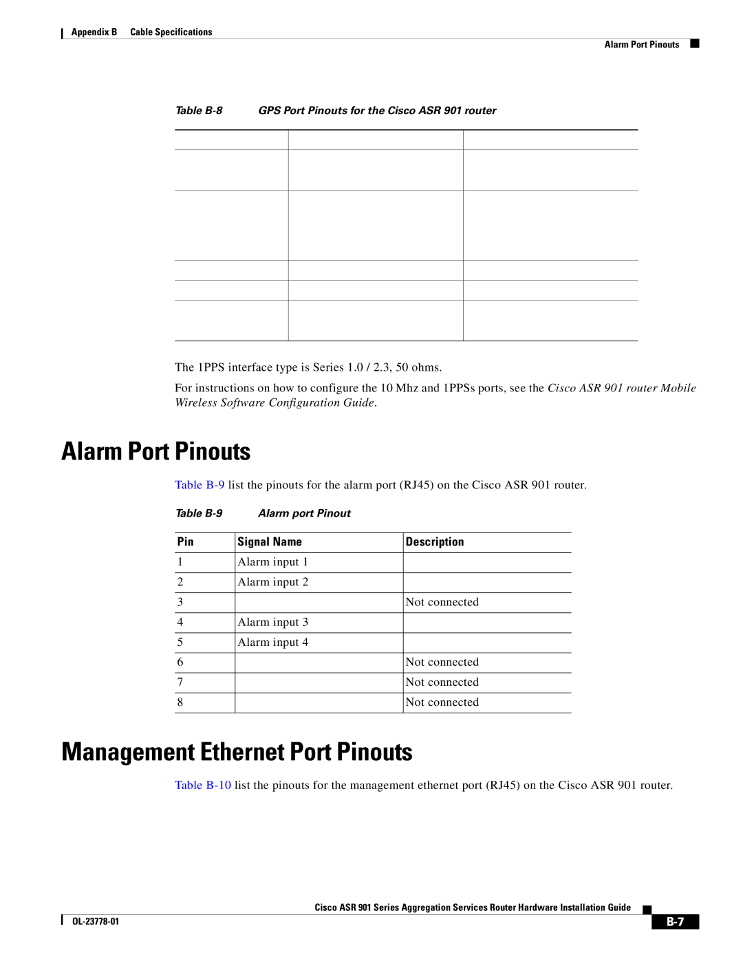 Cisco Systems ASR 901 manual Alarm Port Pinouts, Management Ethernet Port Pinouts, 10 Mhz, Pin Signal Name Description 