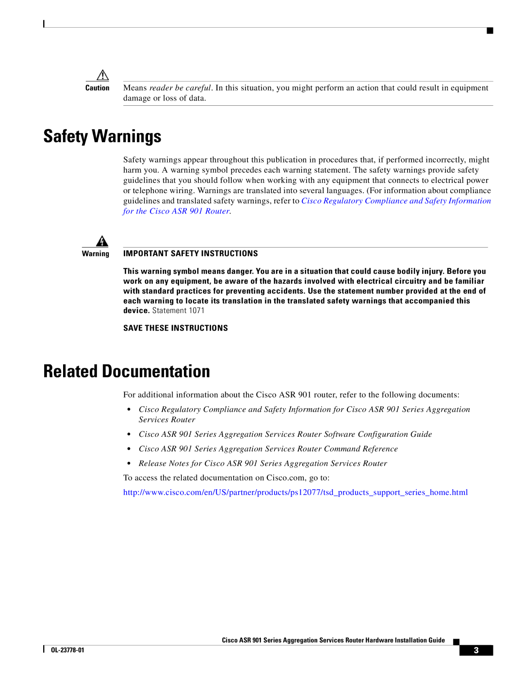 Cisco Systems ASR 901 manual Safety Warnings, Related Documentation 