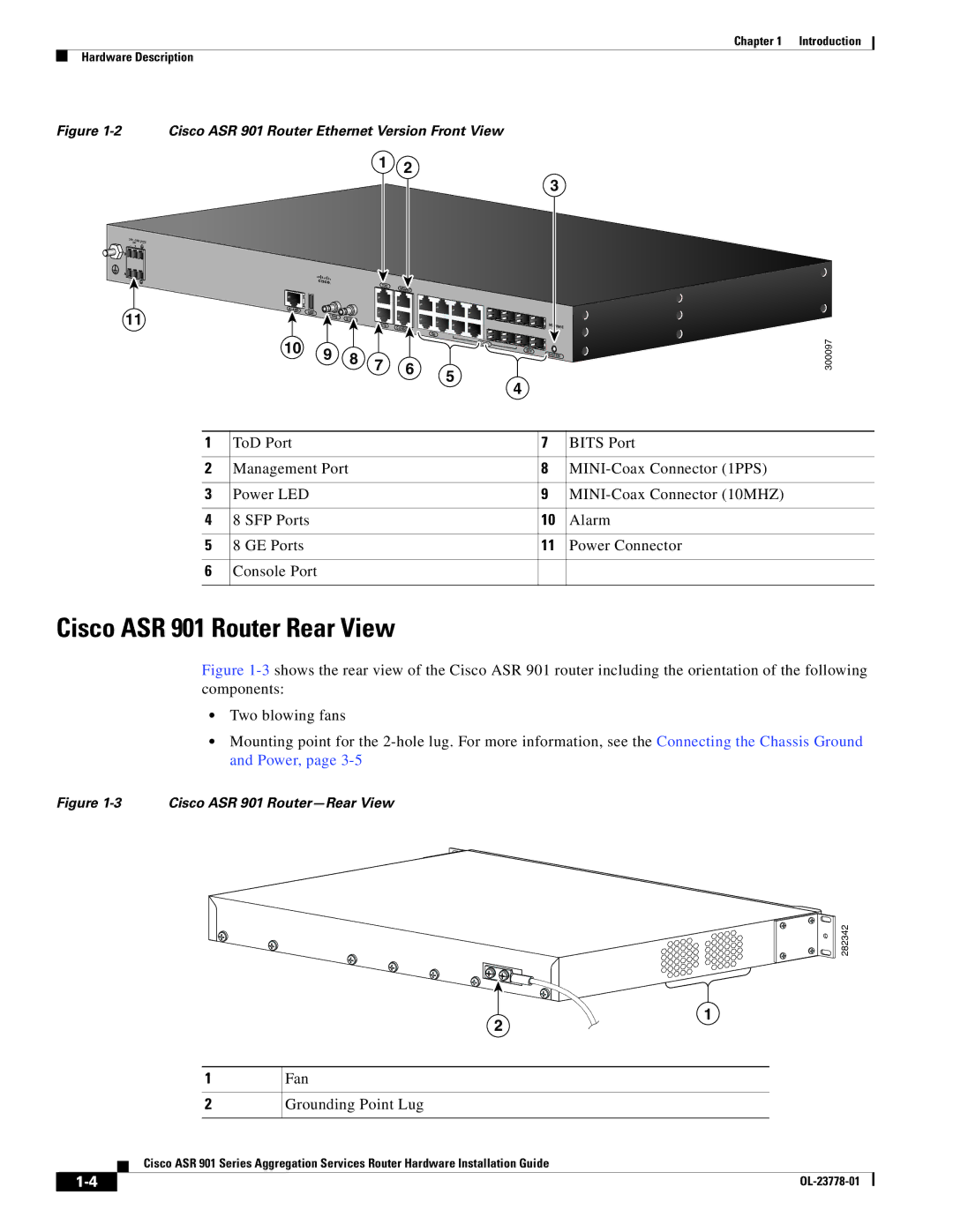 Cisco Systems ASR 9014CFD, A9014CFD manual Cisco ASR 901 Router Rear View, Fan Grounding Point Lug 