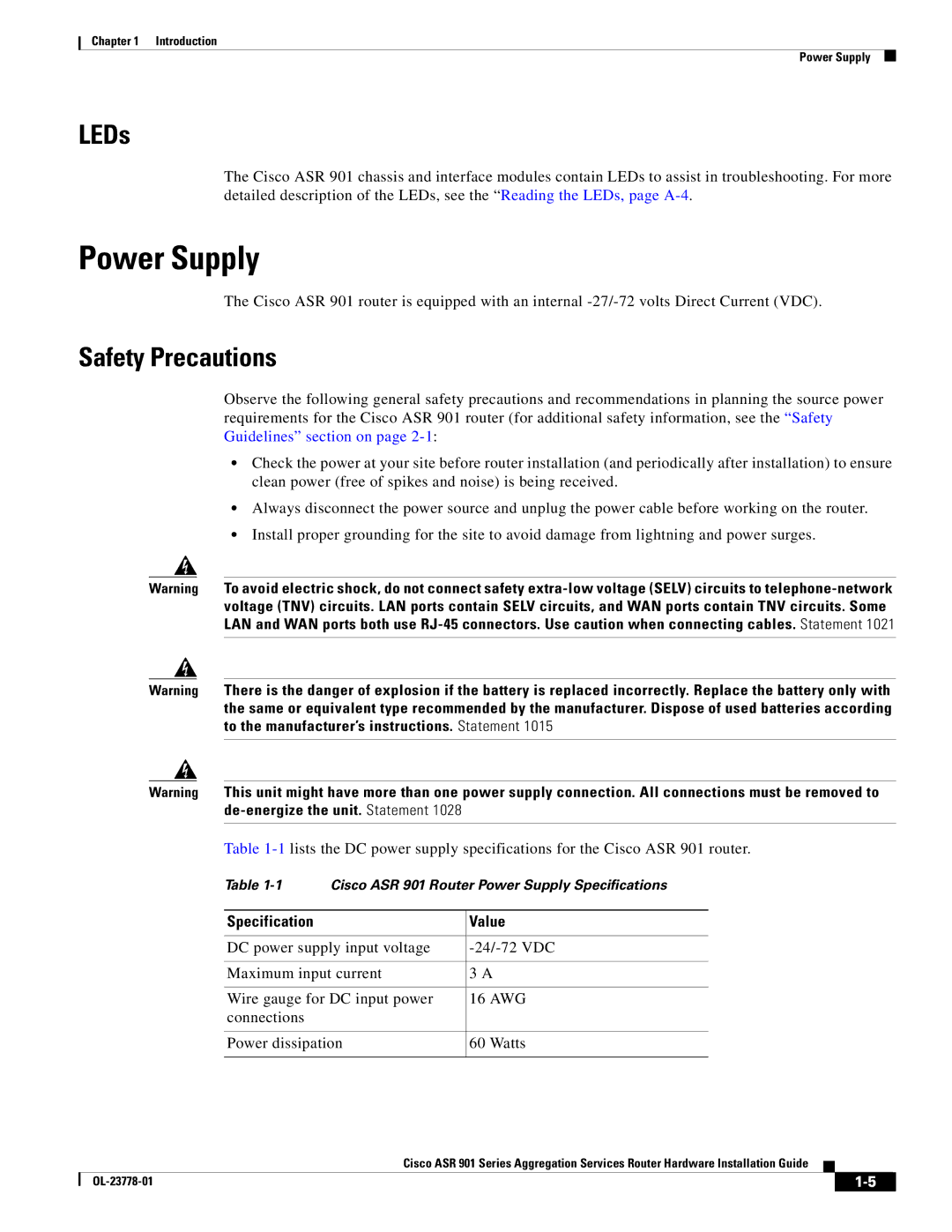 Cisco Systems ASR 9014CFD, A9014CFD manual Power Supply, LEDs, Safety Precautions, Specification Value 