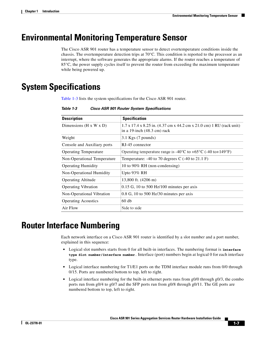 Cisco Systems A9014CFD Environmental Monitoring Temperature Sensor, System Specifications, Router Interface Numbering 