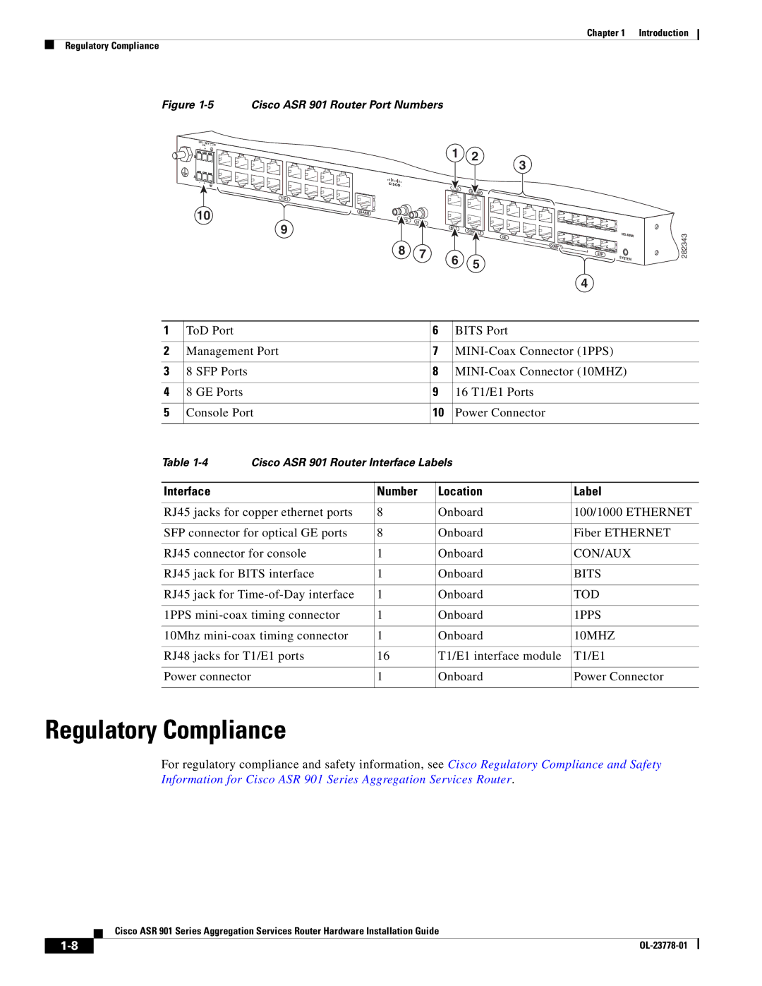 Cisco Systems ASR 9014CFD, A9014CFD manual Regulatory Compliance, Interface Number Location Label 