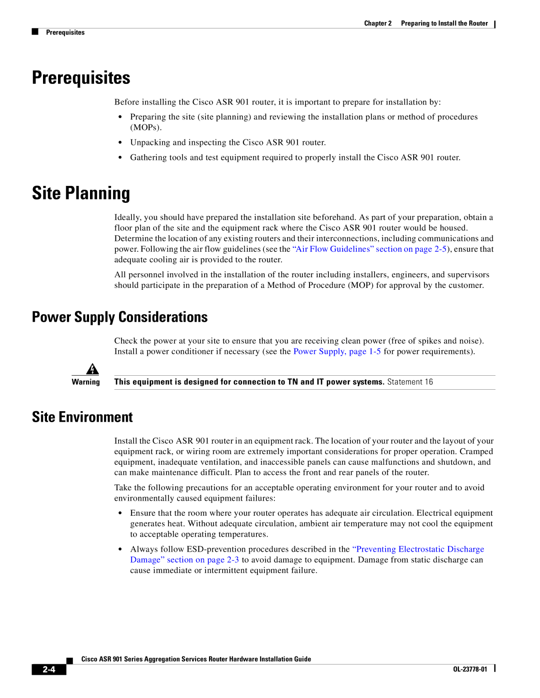 Cisco Systems A9014CFD, ASR 9014CFD manual Prerequisites, Site Planning, Power Supply Considerations, Site Environment 