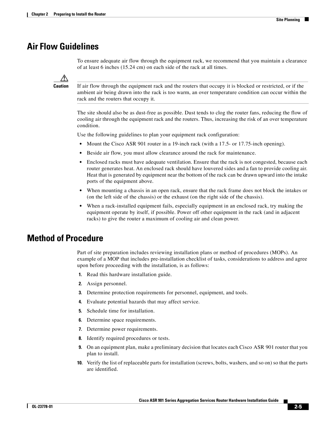 Cisco Systems ASR 9014CFD, A9014CFD manual Air Flow Guidelines, Method of Procedure 