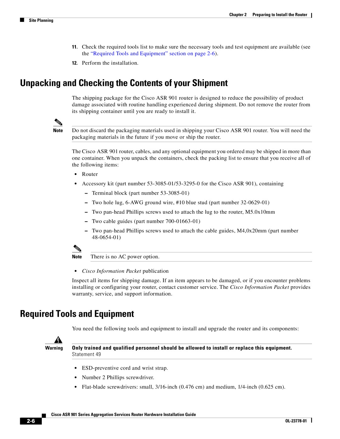 Cisco Systems ASR 9014CFD, A9014CFD Unpacking and Checking the Contents of your Shipment, Required Tools and Equipment 