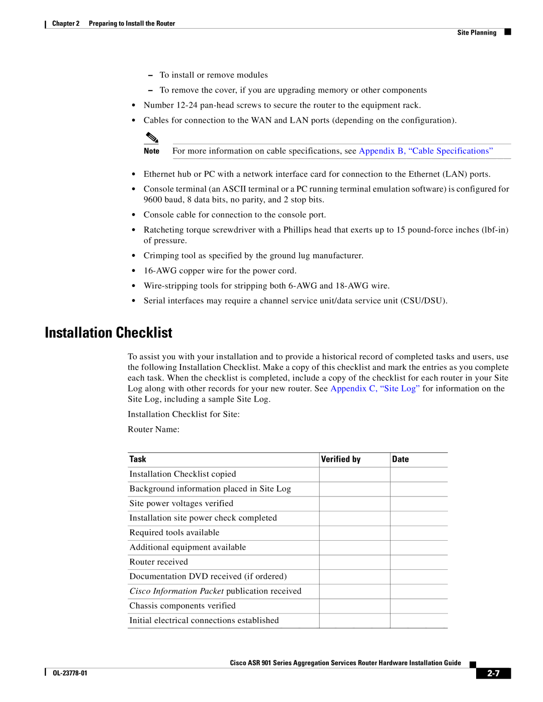 Cisco Systems A9014CFD, ASR 9014CFD manual Installation Checklist, Task Verified by Date 