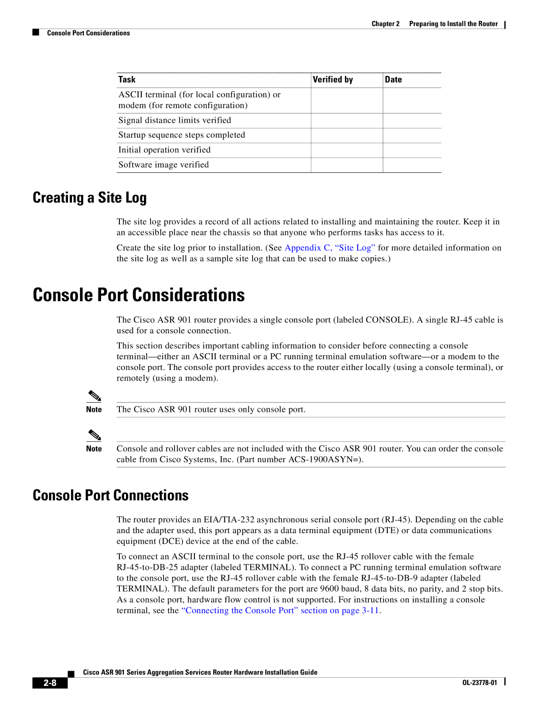 Cisco Systems A9014CFD Console Port Considerations, Creating a Site Log, Console Port Connections, Task Verified by 