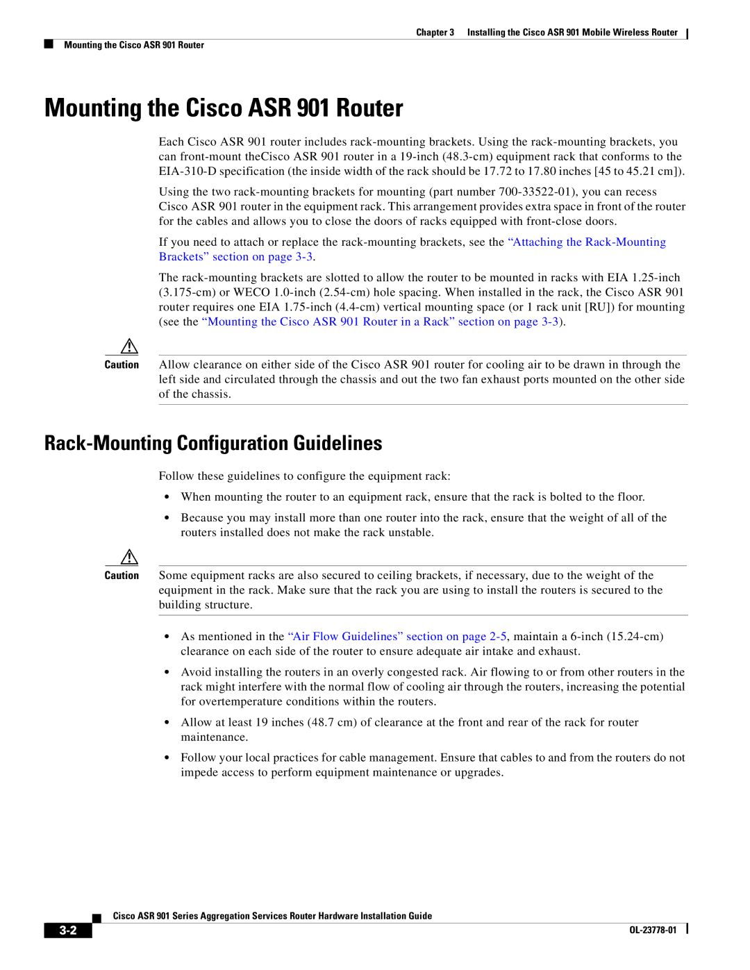 Cisco Systems ASR 9014CFD, A9014CFD manual Mounting the Cisco ASR 901 Router, Rack-Mounting Configuration Guidelines 