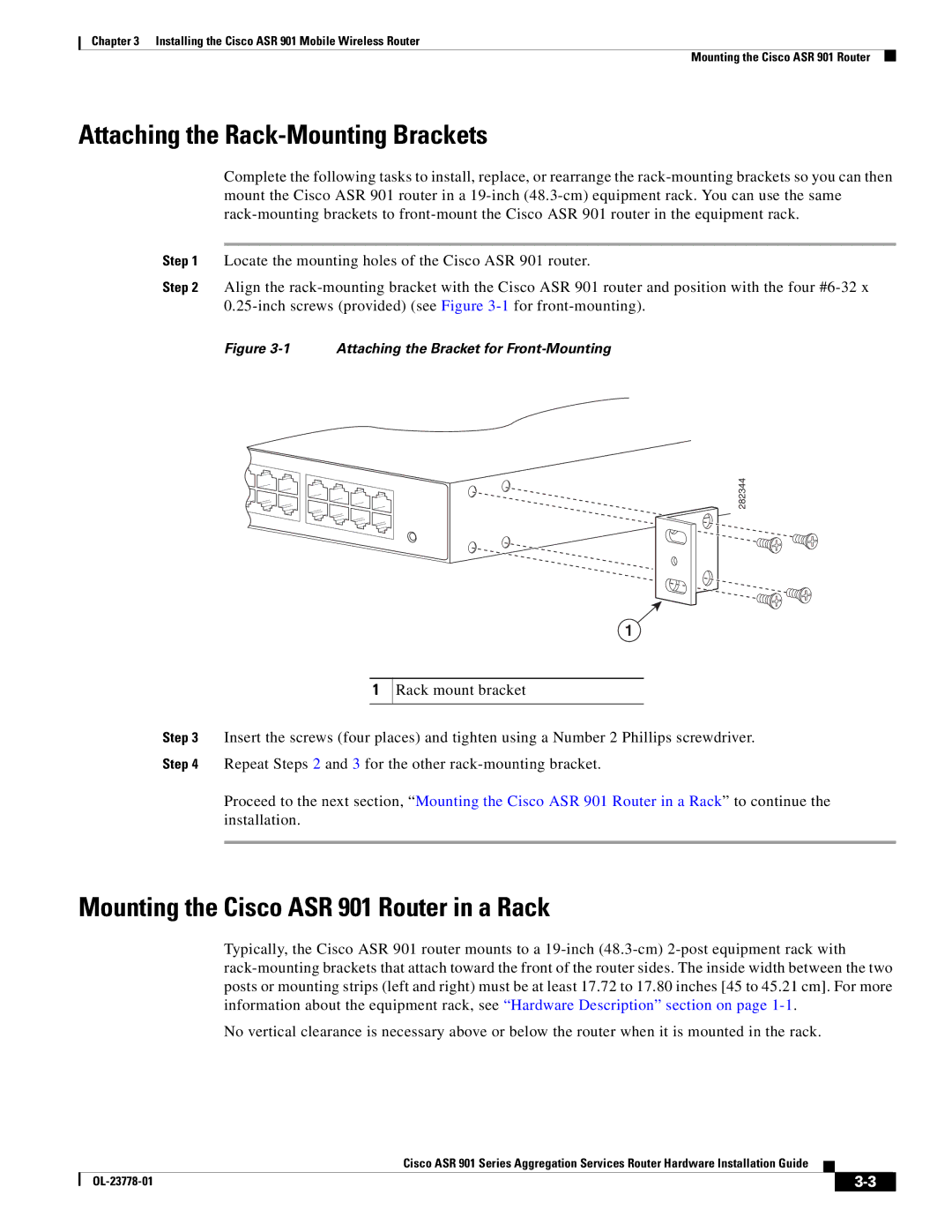 Cisco Systems A9014CFD, ASR 9014CFD manual Attaching the Rack-Mounting Brackets, Mounting the Cisco ASR 901 Router in a Rack 