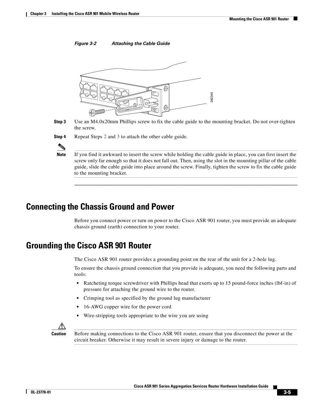 Cisco Systems ASR 9014CFD, A9014CFD manual Connecting the Chassis Ground and Power, Grounding the Cisco ASR 901 Router 