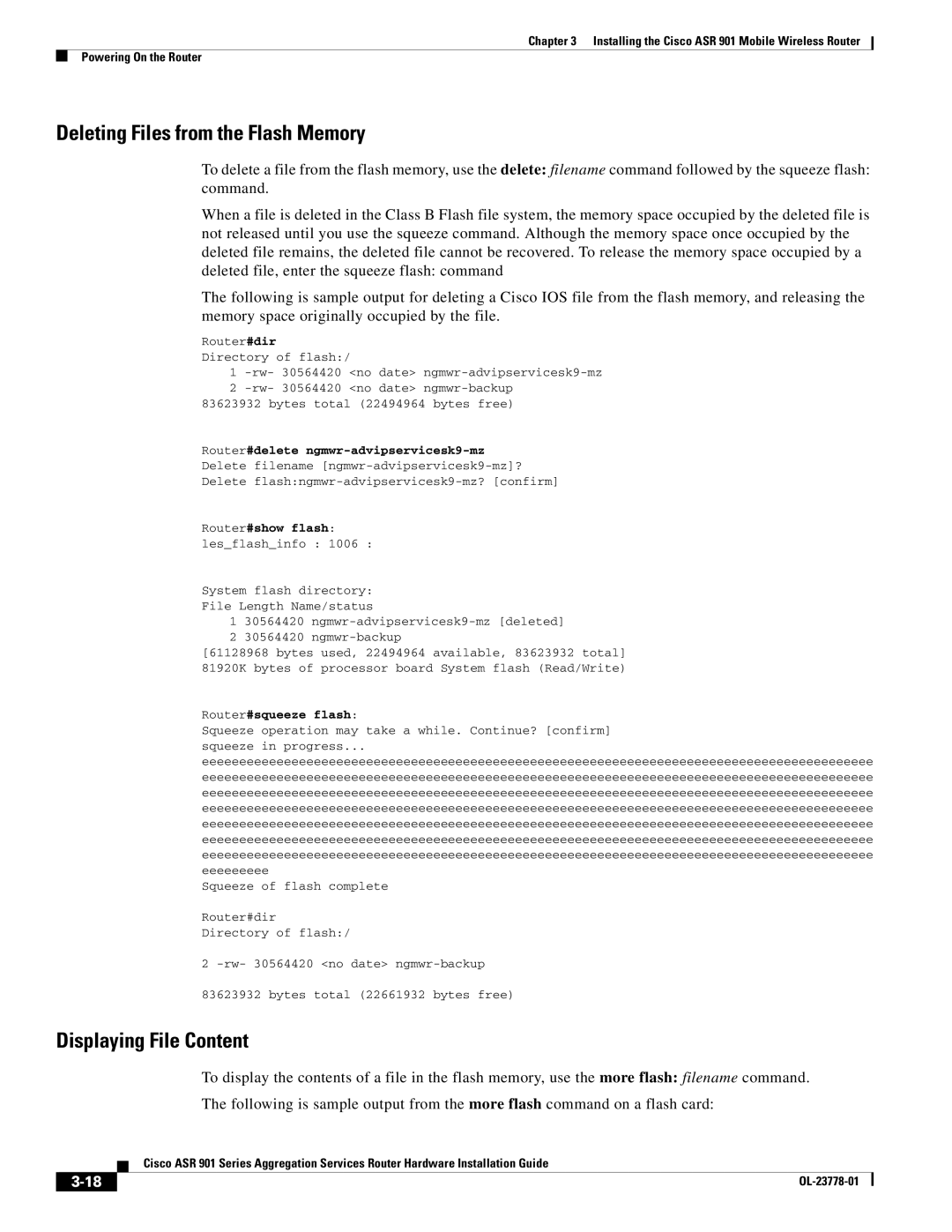 Cisco Systems A9014CFD, ASR 9014CFD manual Deleting Files from the Flash Memory, Displaying File Content 