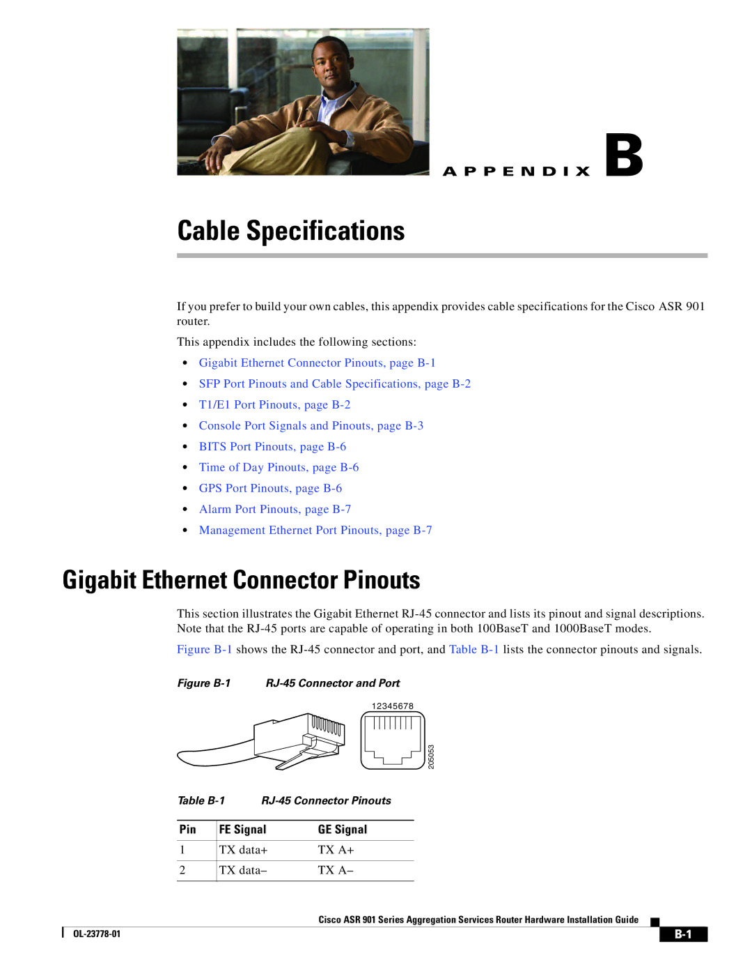 Cisco Systems A9014CFD, ASR 9014CFD manual Cable Specifications, Gigabit Ethernet Connector Pinouts 