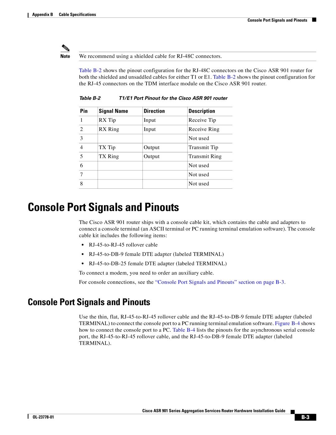 Cisco Systems ASR 9014CFD, A9014CFD manual Console Port Signals and Pinouts, Pin Signal Name Direction Description 