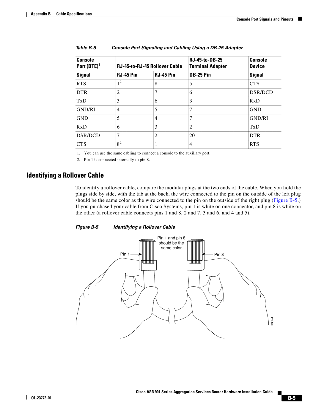 Cisco Systems ASR 9014CFD, A9014CFD manual Identifying a Rollover Cable, Console RJ-45-to-DB-25 Port DTE 