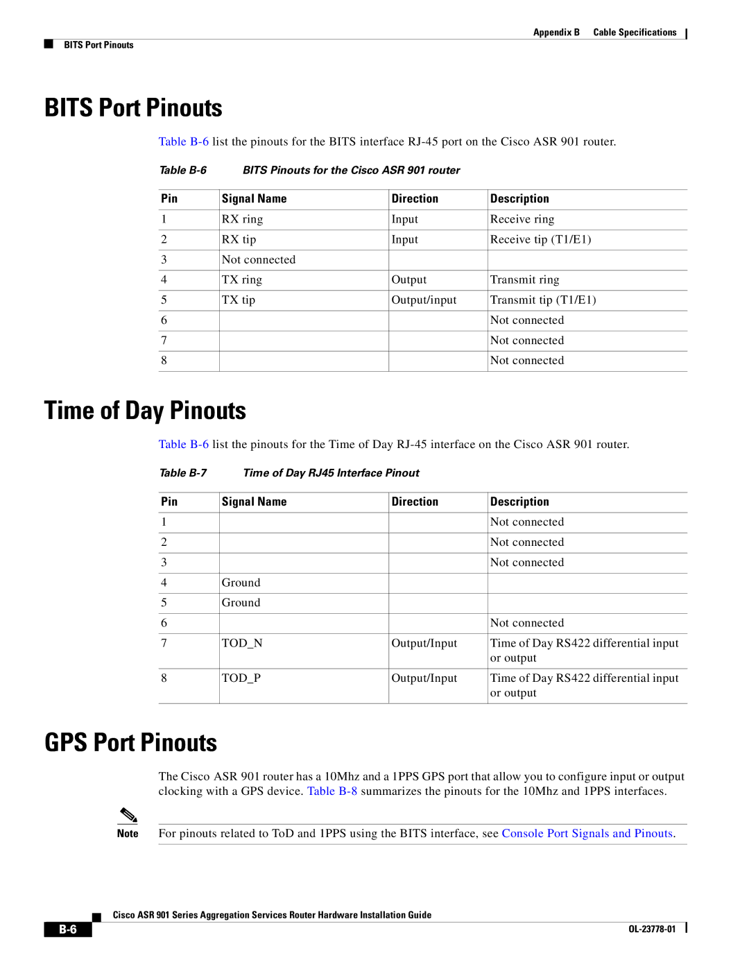 Cisco Systems ASR 9014CFD, A9014CFD manual Bits Port Pinouts, Time of Day Pinouts, GPS Port Pinouts 