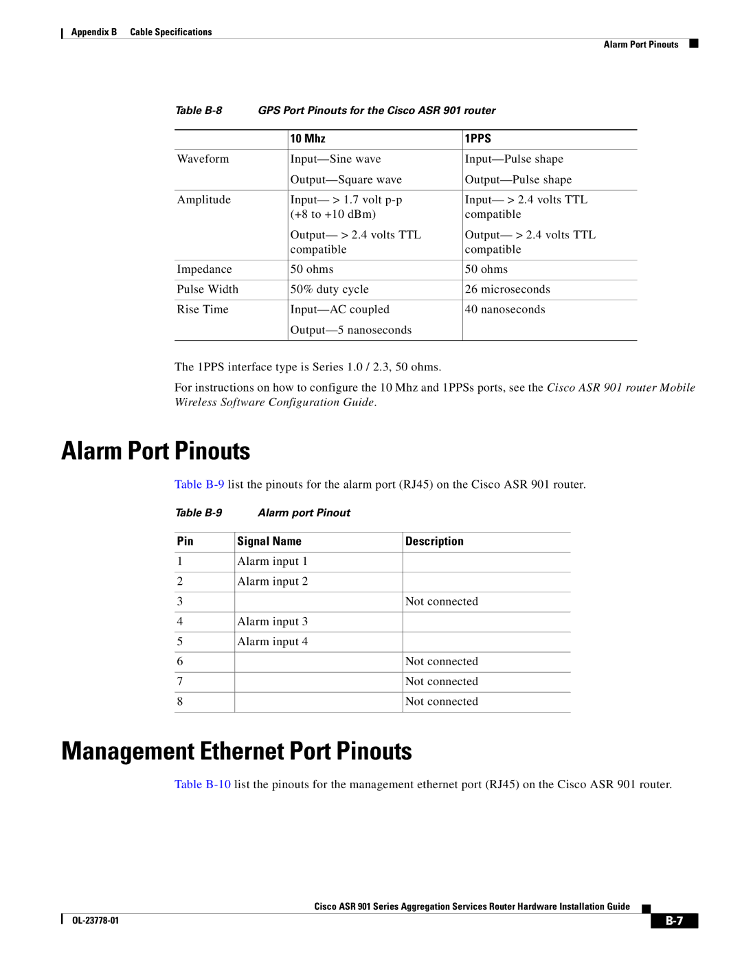 Cisco Systems A9014CFD manual Alarm Port Pinouts, Management Ethernet Port Pinouts, 10 Mhz, Pin Signal Name Description 