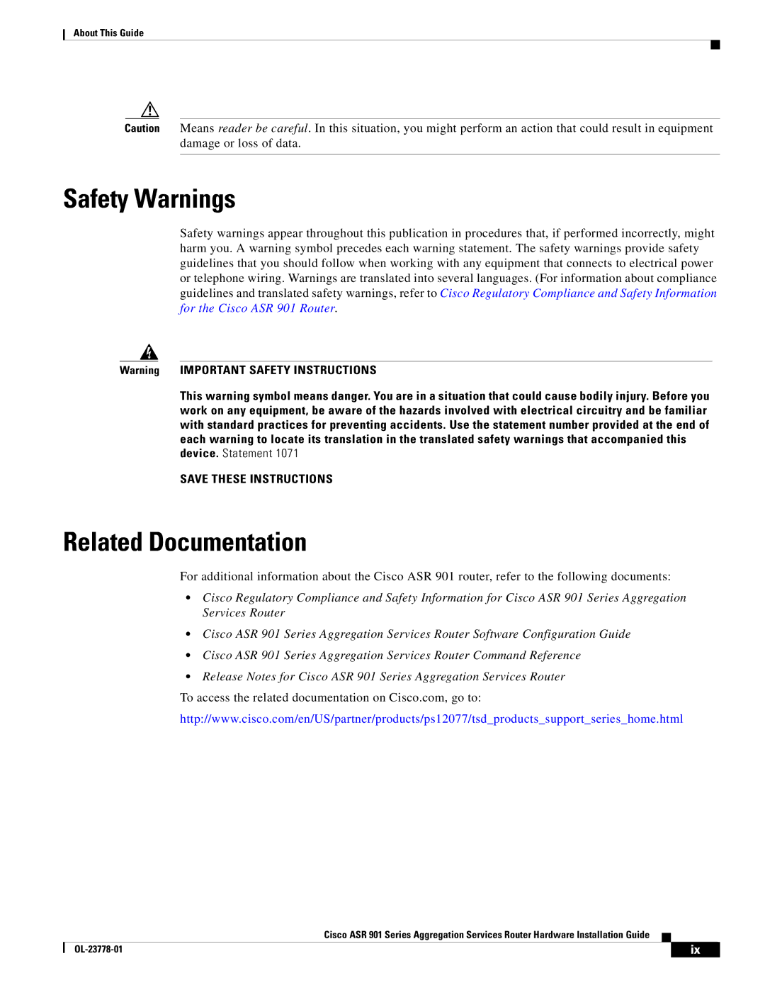 Cisco Systems ASR 9014CFD, A9014CFD manual Safety Warnings, Related Documentation 