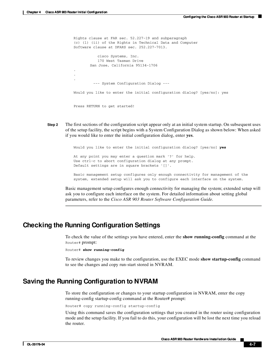 Cisco Systems ASR 903 manual Checking the Running Configuration Settings, Saving the Running Configuration to NVRAM 