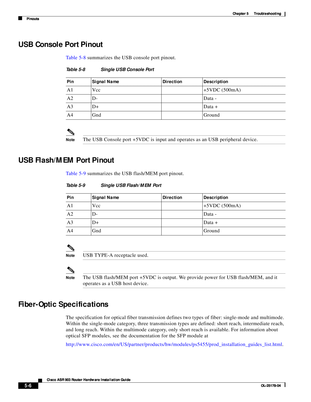 Cisco Systems ASR 903 manual USB Console Port Pinout, USB Flash/MEM Port Pinout, Fiber-Optic Specifications 