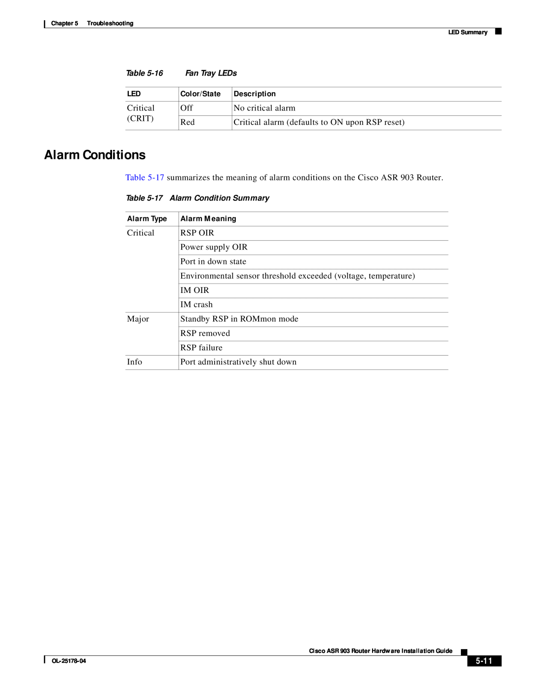 Cisco Systems ASR 903 manual Alarm Conditions, 5-11, Color/State, Description, Alarm Type, Alarm Meaning 