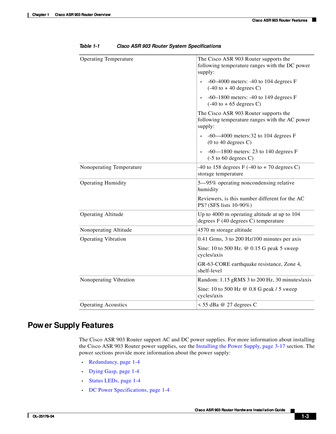 Cisco Systems ASR 903 manual Power Supply Features, Redundancy, page Dying Gasp, page Status LEDs, page 
