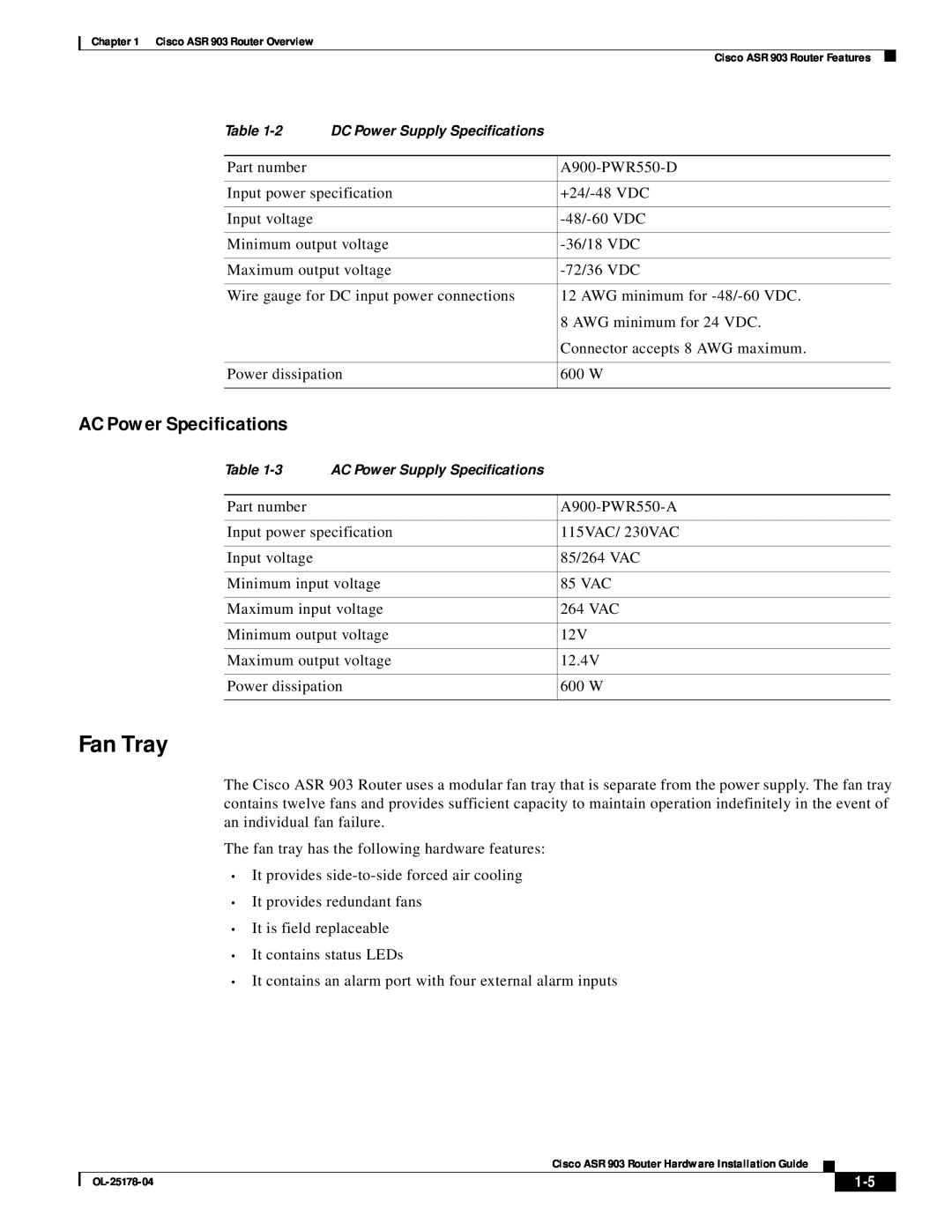 Cisco Systems ASR 903 manual Fan Tray, AC Power Specifications 