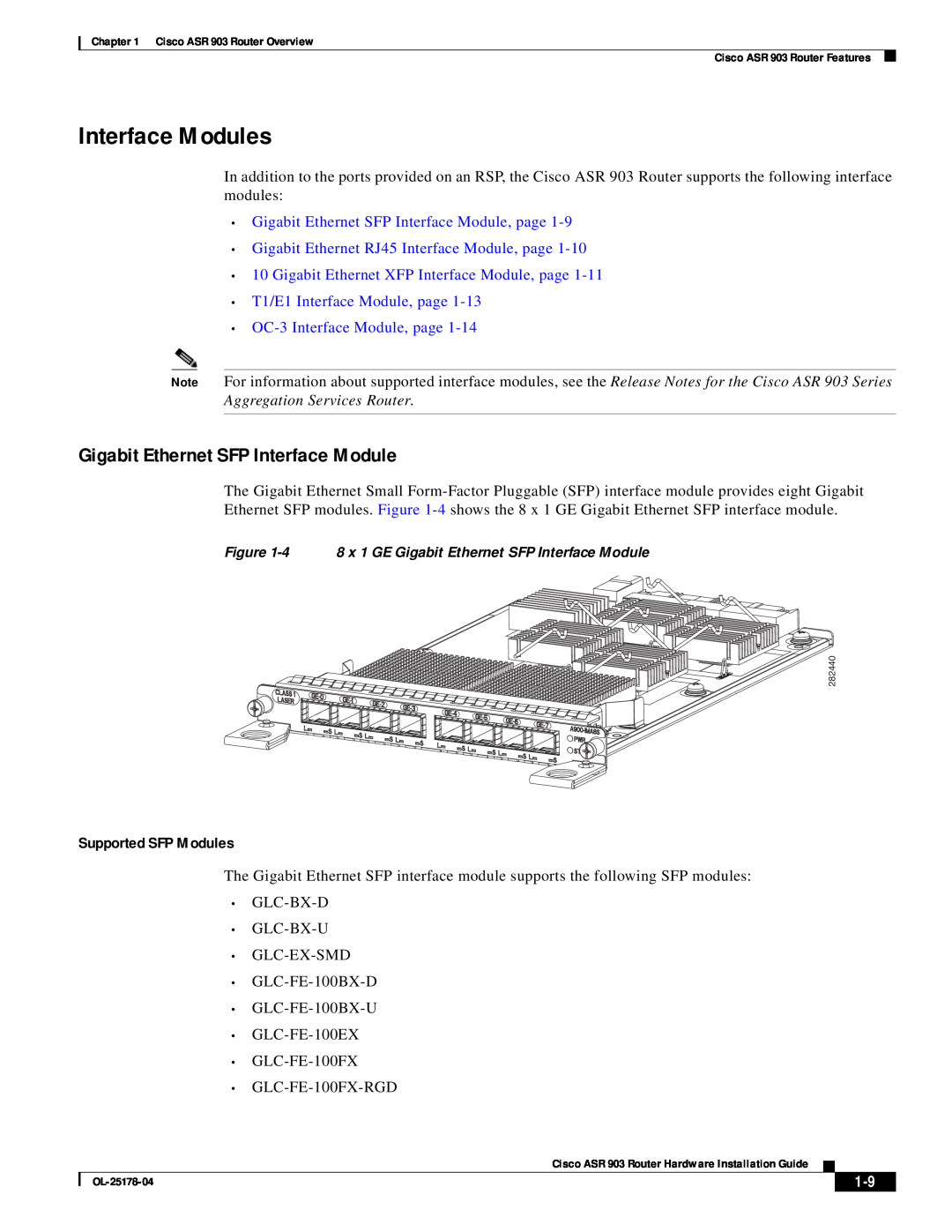 Cisco Systems ASR 903 manual Interface Modules, Gigabit Ethernet SFP Interface Module, Supported SFP Modules 