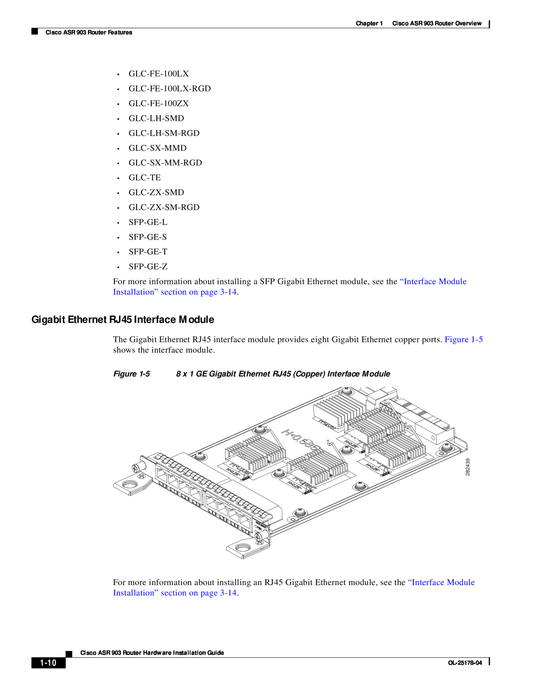 Cisco Systems ASR 903 manual Gigabit Ethernet RJ45 Interface Module, 1-10 