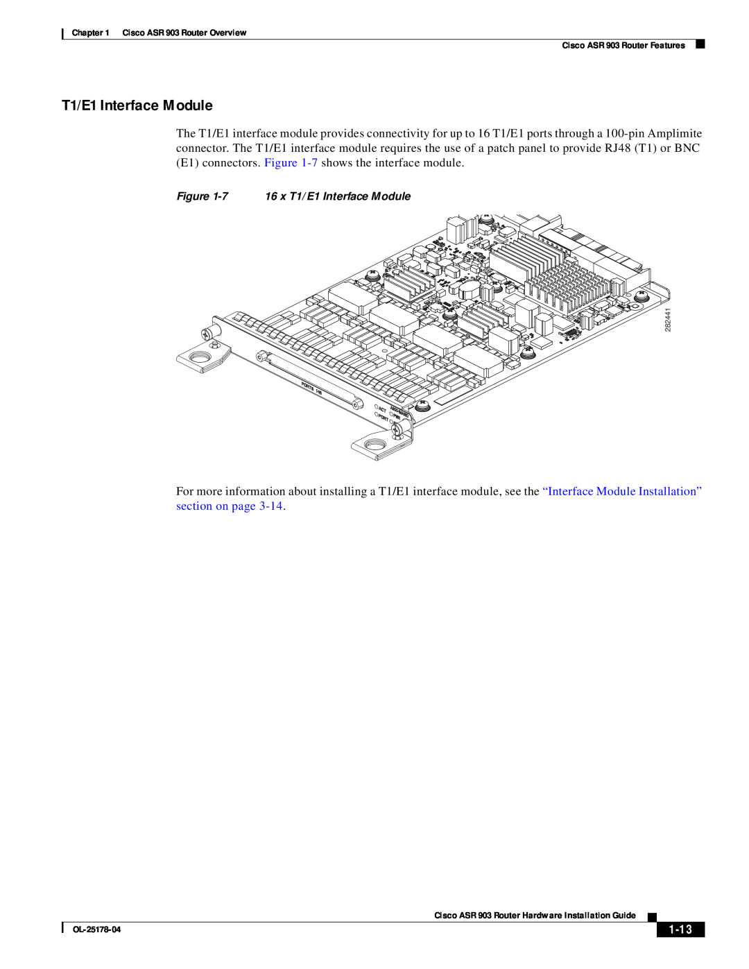 Cisco Systems ASR 903 manual 1-13, 7 16 x T1/E1 Interface Module 