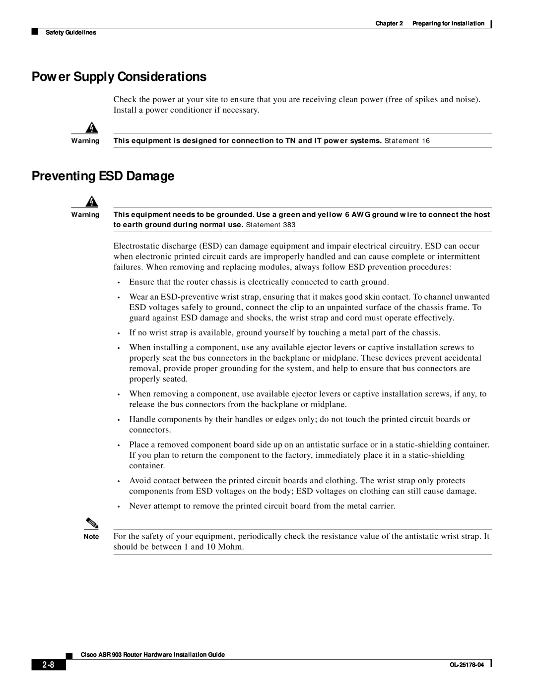 Cisco Systems ASR 903 manual Power Supply Considerations, Preventing ESD Damage 