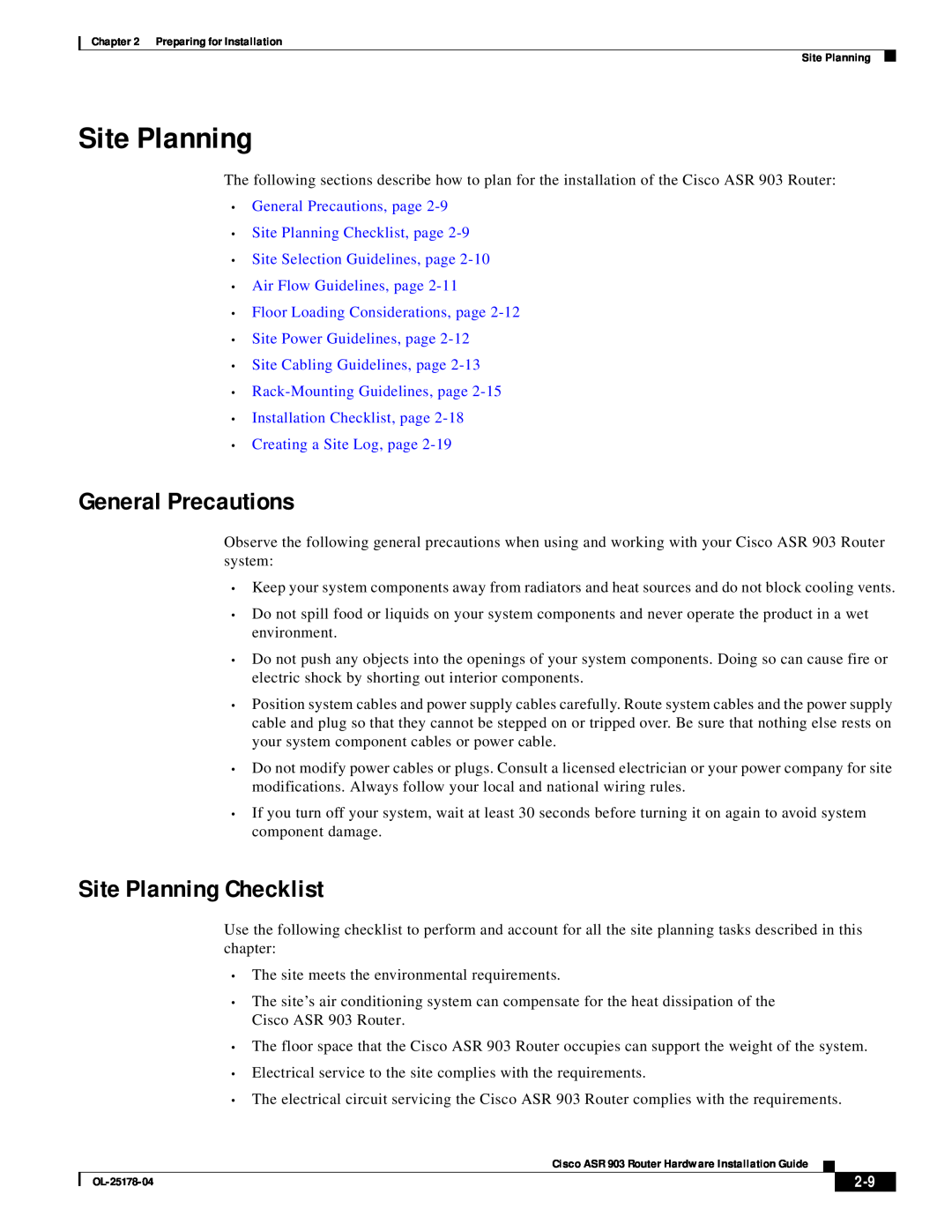 Cisco Systems 903 General Precautions, Site Planning Checklist, Installation Checklist, page Creating a Site Log, page 