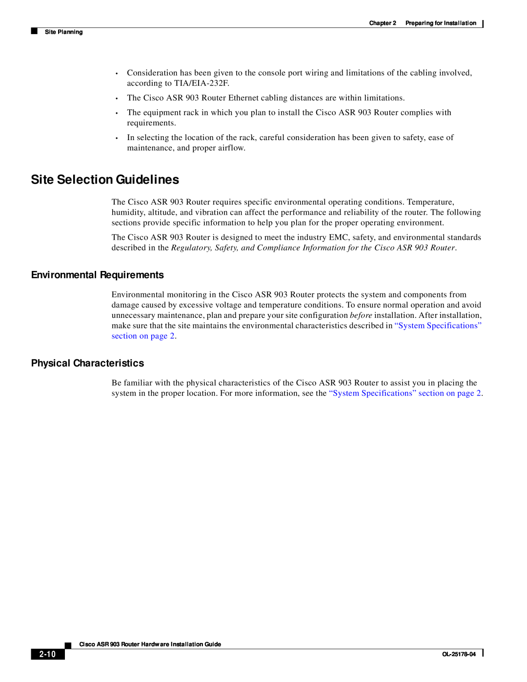 Cisco Systems ASR 903 manual Site Selection Guidelines, Environmental Requirements, Physical Characteristics, 2-10 